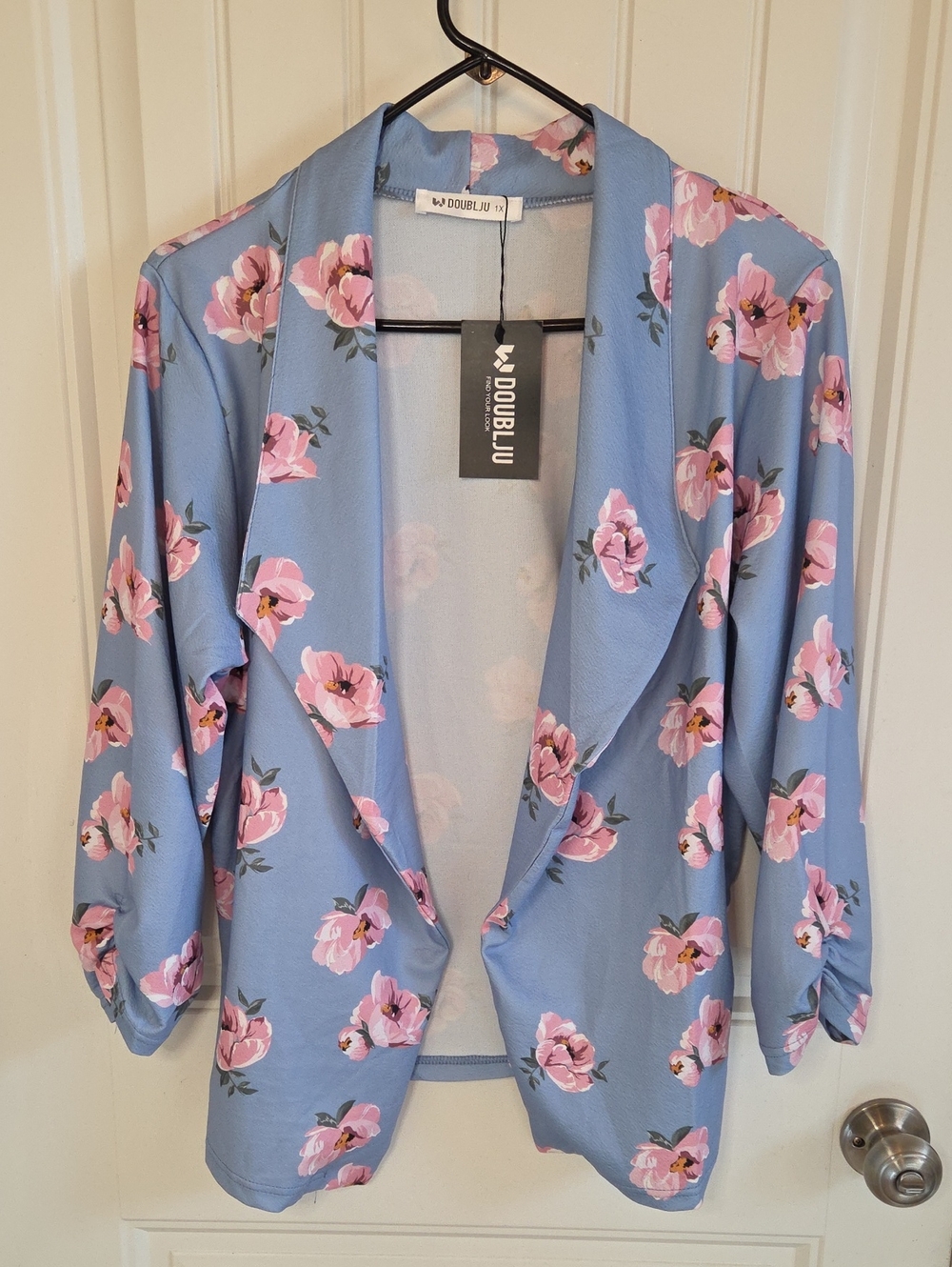 Doublju Blue Floral Open Blazer with Pink Blooms